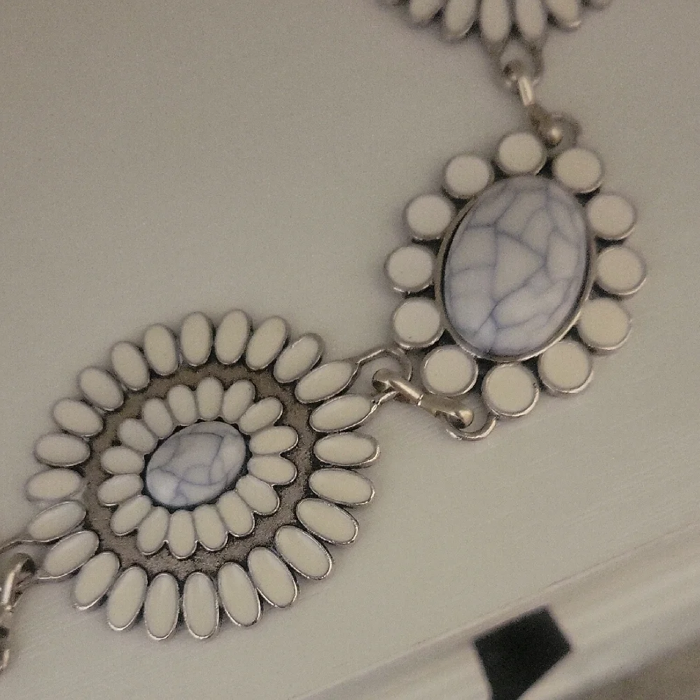 Elegant White and Silver tone Statement Necklace Large white enamel discs